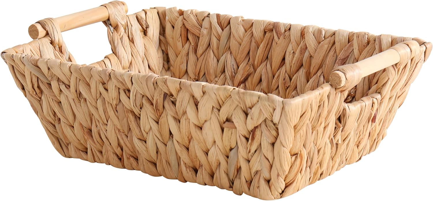 Handcrafted Water Hyacinth Basket, Hand Woven Wicker Shelf Basket for Storage, Organizing and Decoration, Rectangular, with Straight Wooden Handles, 1 Pack (Large)