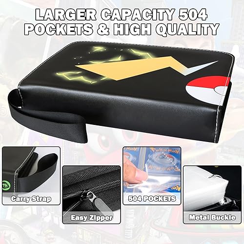 Miniatura 2 de Carpetas negras para tarjetas Pokémon, 4 bolsillos, capacidad para 504 tarjetas de juego con 63 fundas, colección de tarjetas coleccionables con