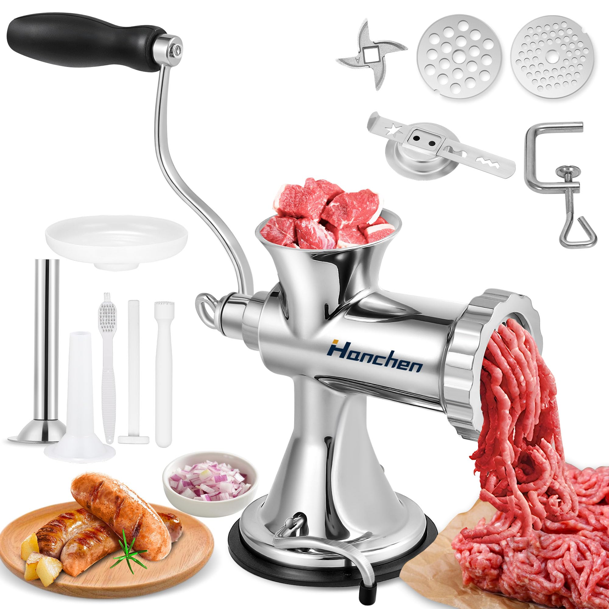 Hanchen Picadora de Carne Manual Acero Inoxidable Máquina de Picar Carne Doméstico y Comercial Embutidora de Salchichas con 2 Discos de Corte para Cerdo Pollo Ternera Verduras