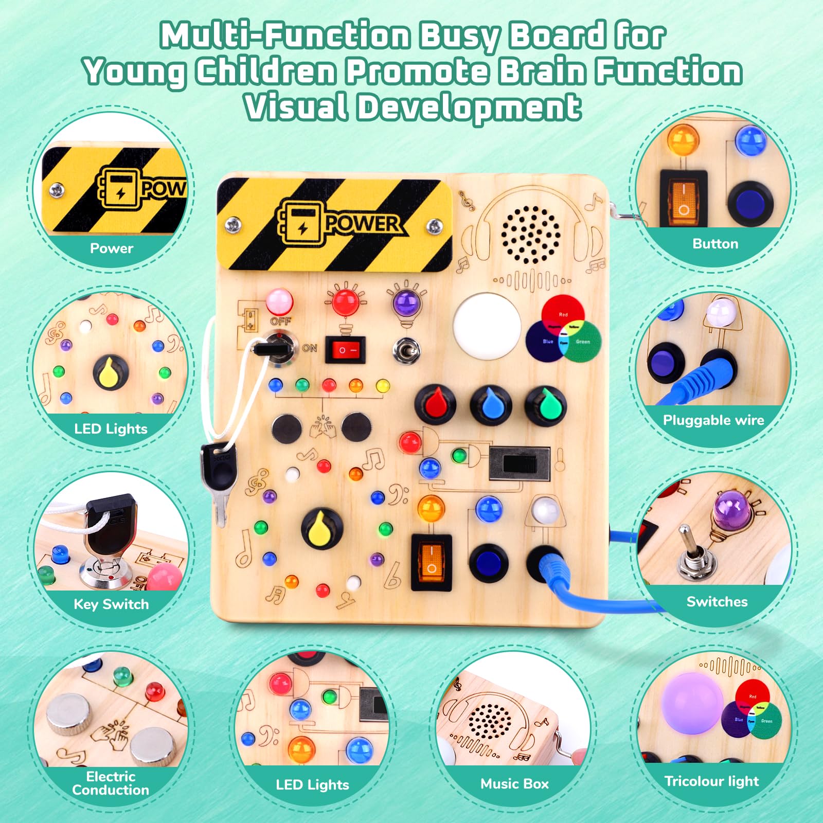 Konijiwa Toddler Toys Montessori Busy Board Wooden Toys for 1 2 3 Year old Boys Girls with 12 Switches and 27 LED Lights Switch Sensory Learning Gifts - Image 2