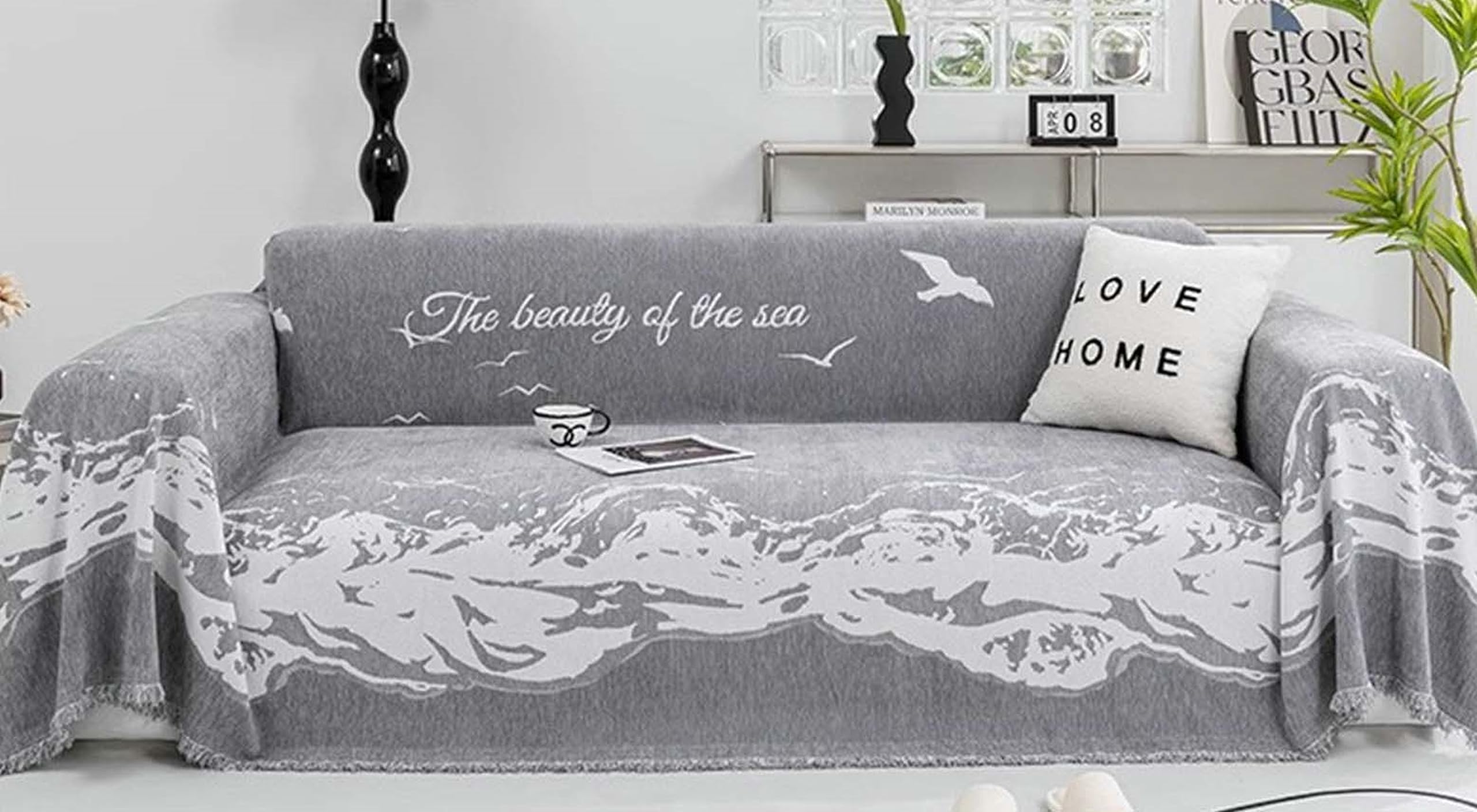 Sofabezug Haustiere, 180x130cm Kunstmalerei Meeresmuster Möbelschutz Couchbezug aus Chenille, (Grau Weiß, 1 Sitzer)