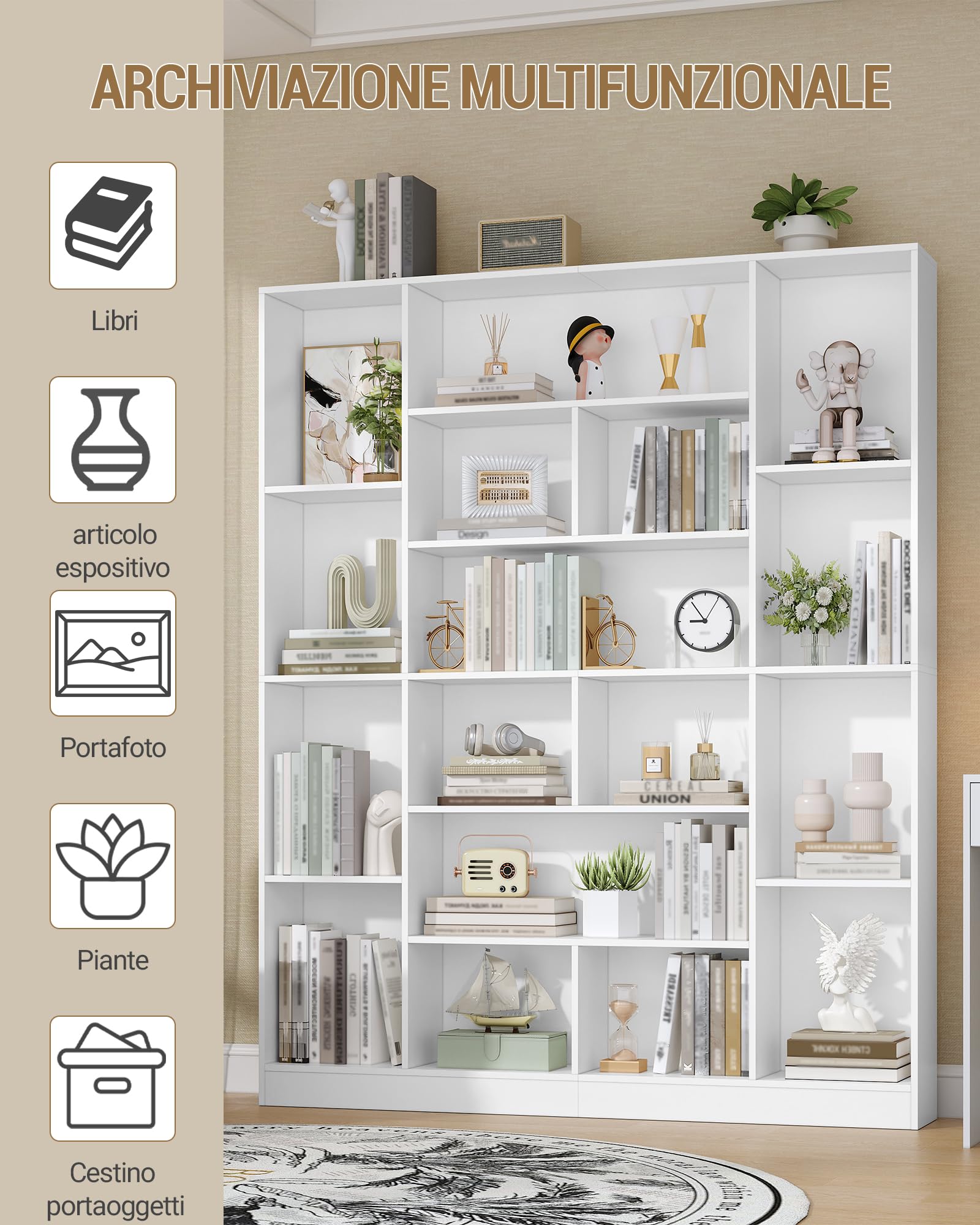 Hzuaneri 190 cm Libreria con 17 ripiani, grande libreria a terra, scaffale aperto, adatto per soggiorno, ufficio, camera da letto, 24 x 150 x 190 cm, Bianco BC46603X