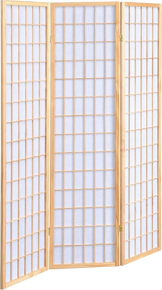 Coaster Home Furnishings - Carrie - Solid Wood - 3-Panel Folding Shoji Screen Room Divider with Linear Grid Design, Metal Hinges and Freestanding Piece - Living Room - Natural Brown - 4621