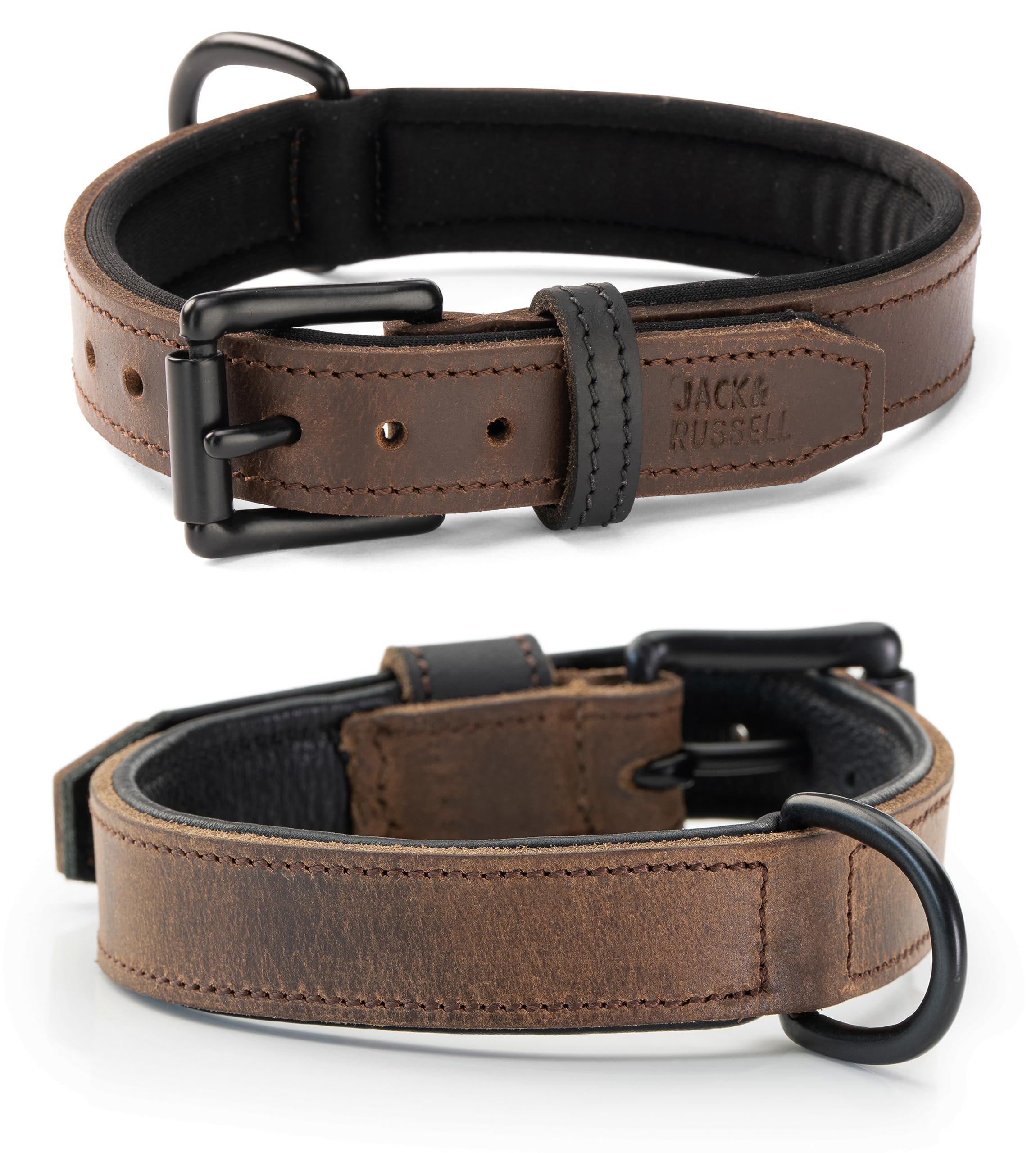 Jack & Russell Collar de piel auténtica y capa de neopreno. Collar acolchado y resistente para perros pequeños y grandes. Talla L (42.0-51.0cm), marrón oscuro/negro