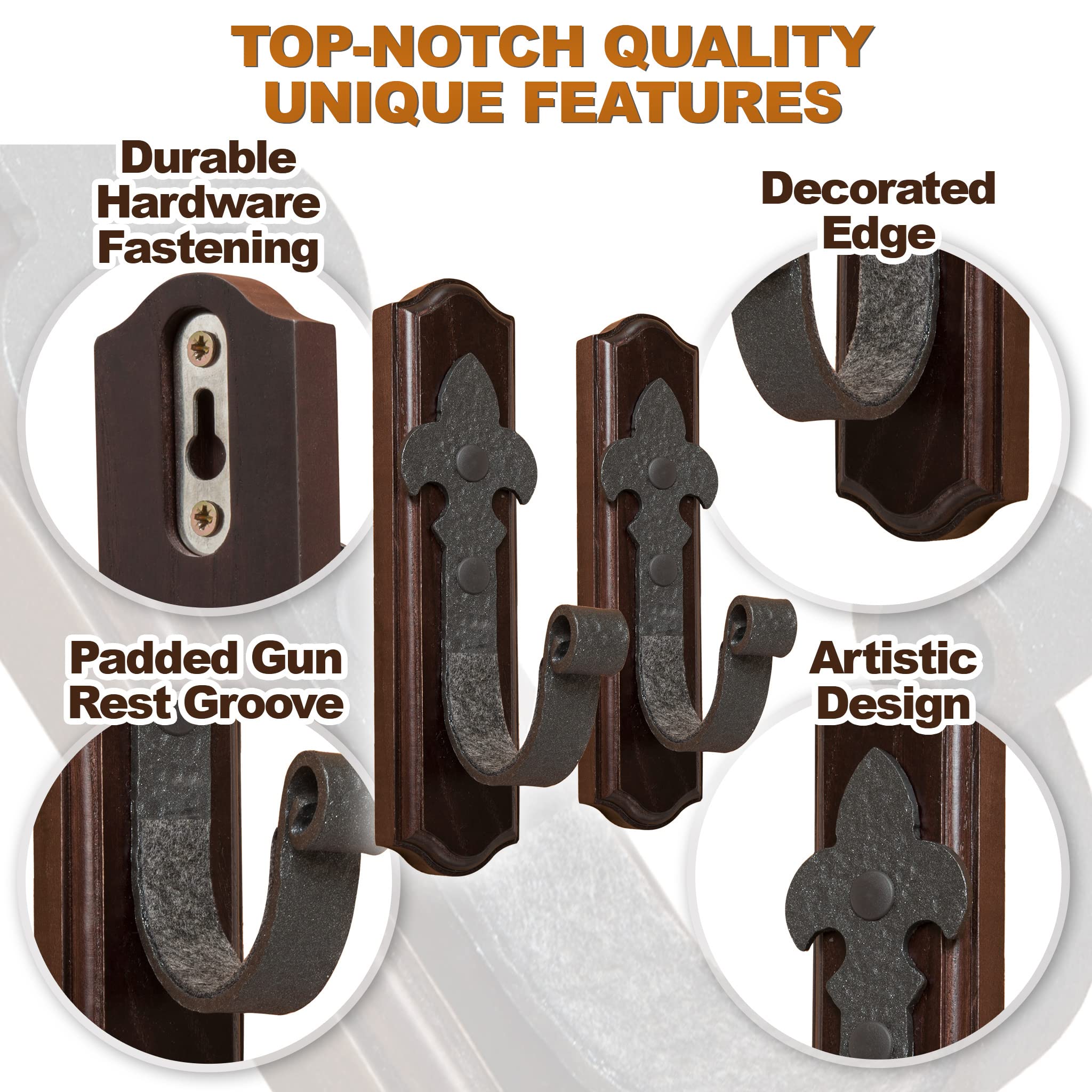 Teslyar Gun Rack Wall Mount, Metal Gun Hooks with Solid Ash Wood Base, Horizontal Rifle & Shotgun Display Hooks - Image 2