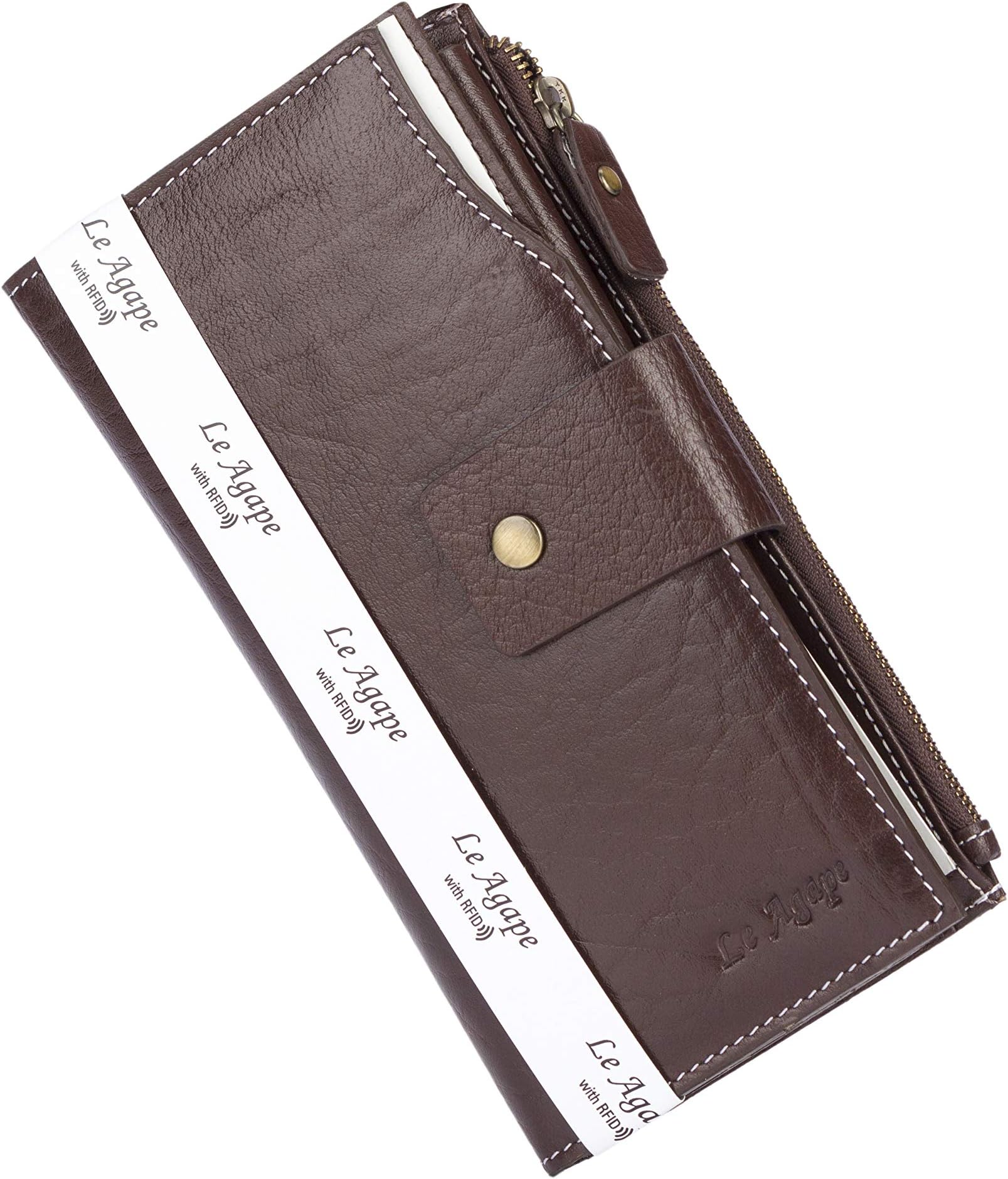 Le Agape Women's RFID Blocking Large Capacity Luxury Wax Genuine Leather Clutch Wallet Card Holder Organizer Purse (Chocolate Brown)