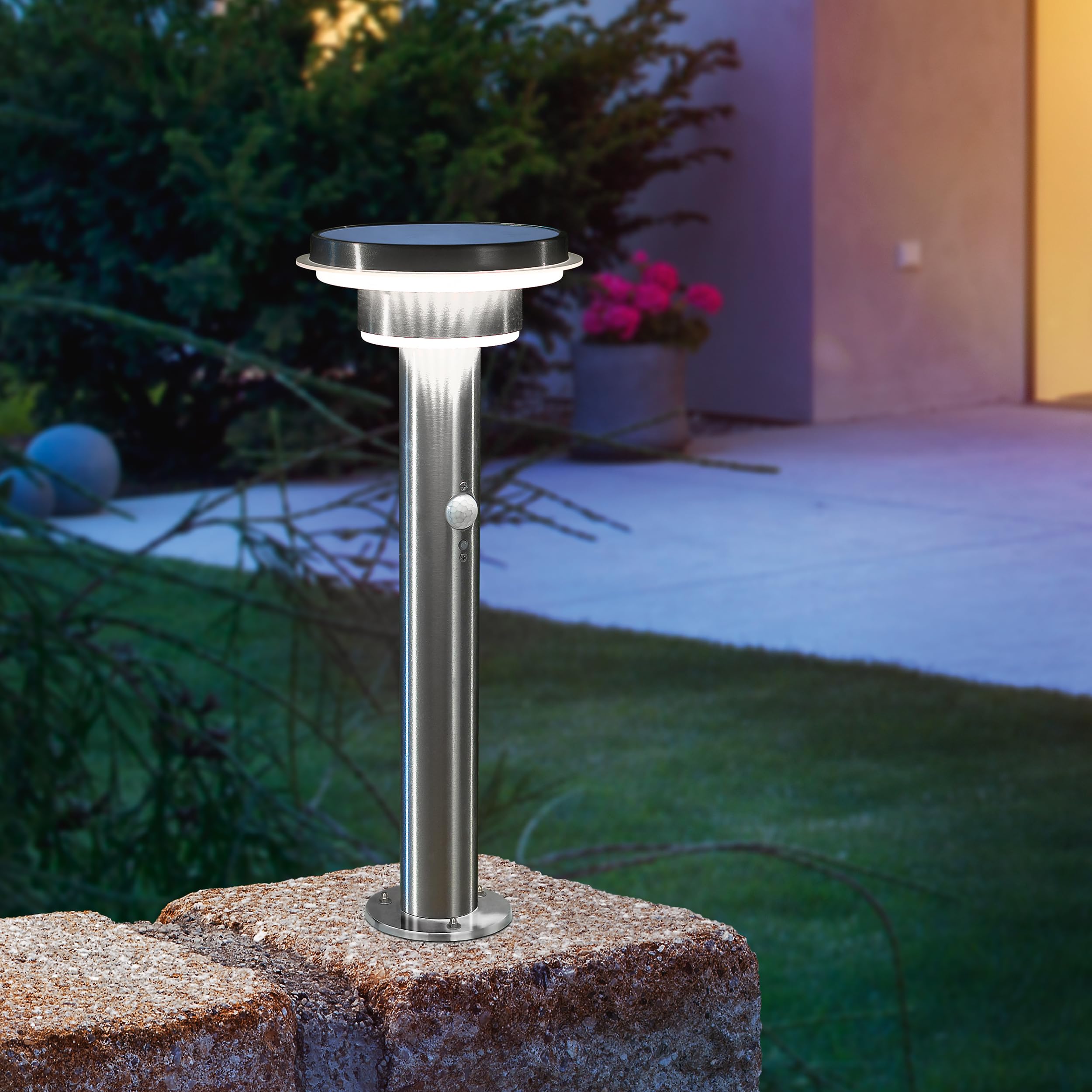 esotec Solarlampen für außen Solarleuchte Tini mit Bewegungsmelder, Gartenbeleuchtung Edelstahl H=45,5cm, 3 Betriebsmodi, 600lm, 102596