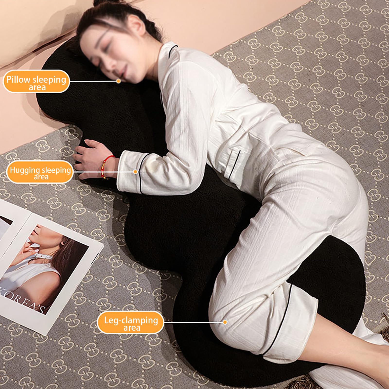 Cuscino per il corpo morbido e imbottito, cuscino lungo in velluto extra morbido per chi dorme sul fianco, cuscino per la gravidanza e per adulti, ideale per sostenere le ginocchia,Black-120cm