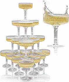 Ksestor Torre de champanhe ACRYLIC - Conjunto de 20 copos de plástico Coupe - Estilo Art Deco vintage para casamentos e festas - Essenciais de hospedagem - Transparente
