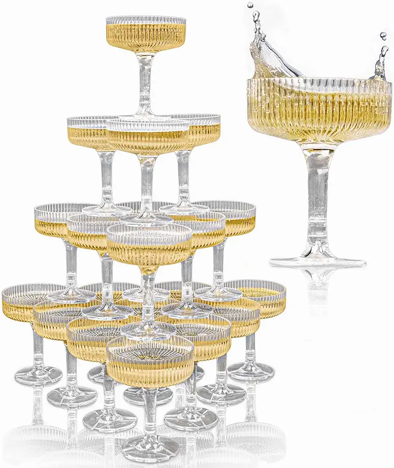 Ksestor Torre de champanhe ACRYLIC - Conjunto de 20 copos de plástico Coupe - Estilo Art Deco vintage para casamentos e festas - Essenciais de hospedagem - Transparente