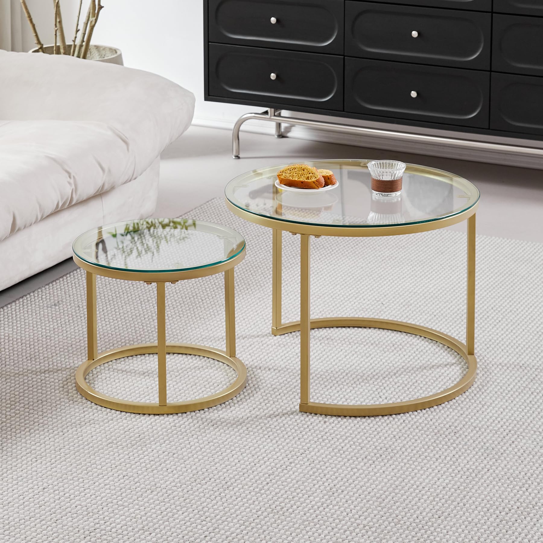 Set di 2 Tavolini da Caffè Rotondi con Piano in Vetro, Tavolini Rotondi a Incastro, Grande: 60 x 60 x 45 cm; Piccolo: 40 x 40 x 35 cm (Vetro Oro)