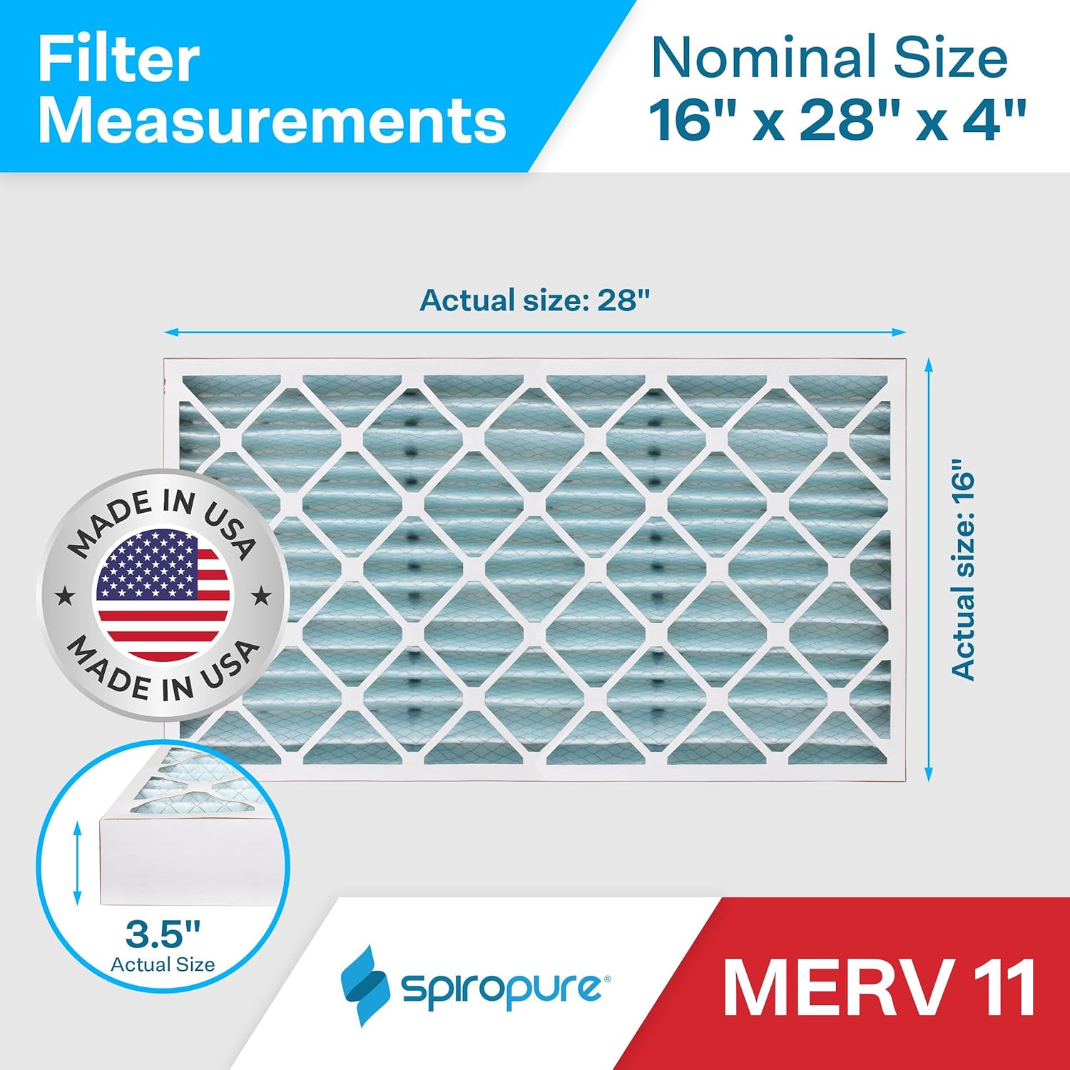 SpiroPure 16x28x4 MERV 11 Pleated Filter Air Filters - Made in USA (6 Pack)