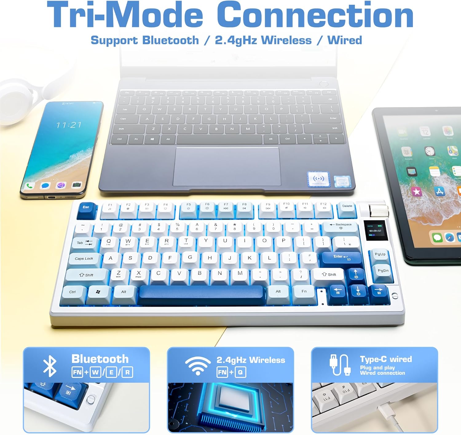 MY-K79 Gradient Wireless Mechanical Keyboard,Linear Red Axis Gaming Keyboard with TFT Smart Display&Knob,Hot Swappable Gasket Mount 75% Layout with Knob,RGB Backlit Bluetooth/2.4G/USB-C (Gray)