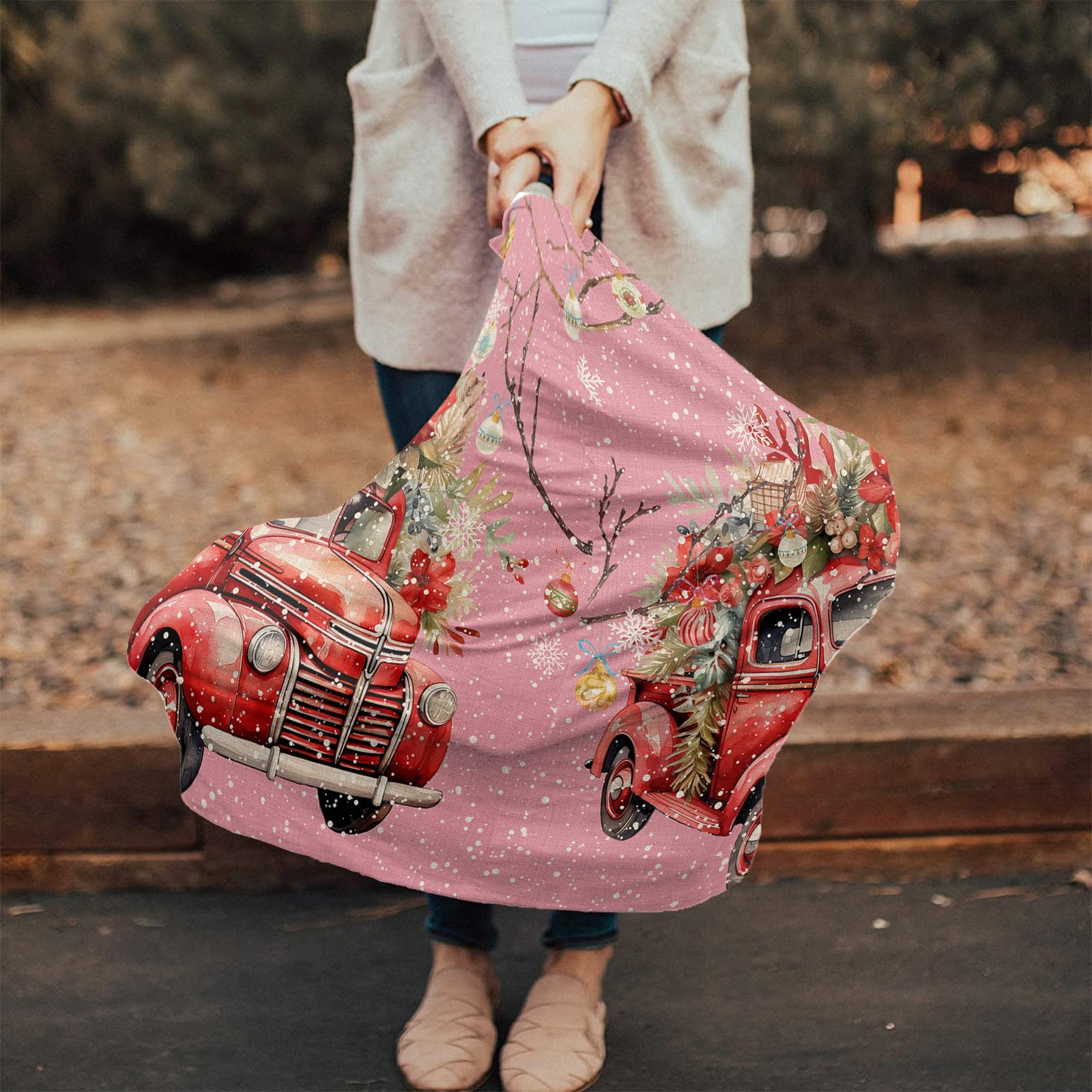 Nursing Cover for Breastfeeding Scarf, Merry Christmas Poinsettia Truck Pink Baby Car Covers Super Soft Multi Use for Canopy Shopping Cart Cover Blanket Stroller Cover