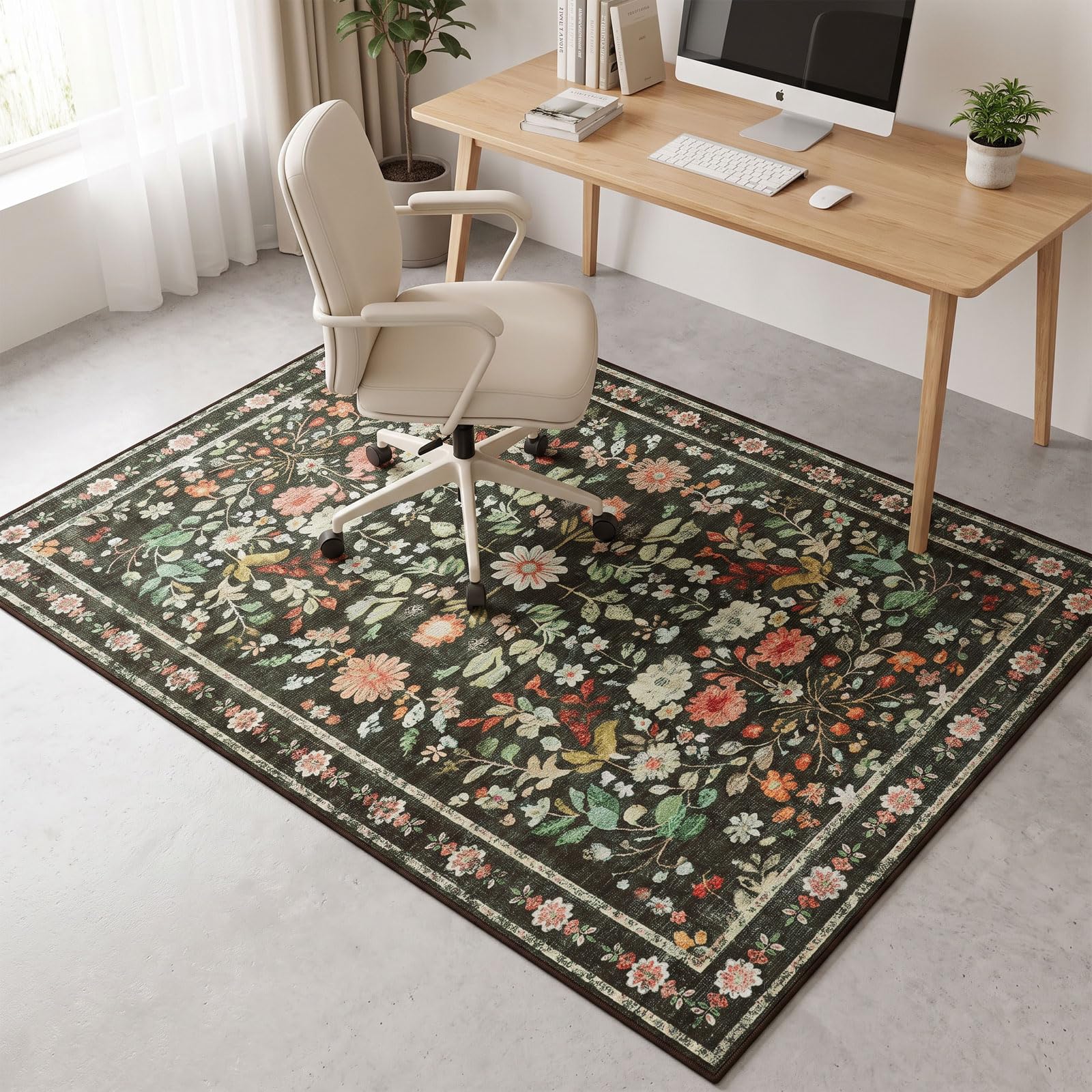 Office Chair Mat, Small Area Rug for Hardwood Floor, 90x120cm Washable Chair Floor Protection Mat, Vintage Flora And Plant Carpet for Home Office Chair, Hard Wooden Tile Floors