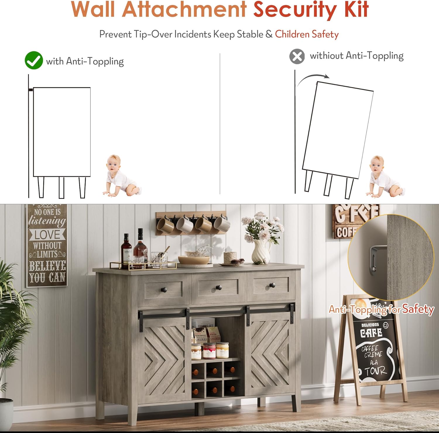 Garvee Farmhouse 47.2' Bar Cabinet with Adjustable Shelf and Sliding Barn Door, Buffet Cabinet with Removable Rack and 3 Drawer for Dining Room, Kitchen, Living Room