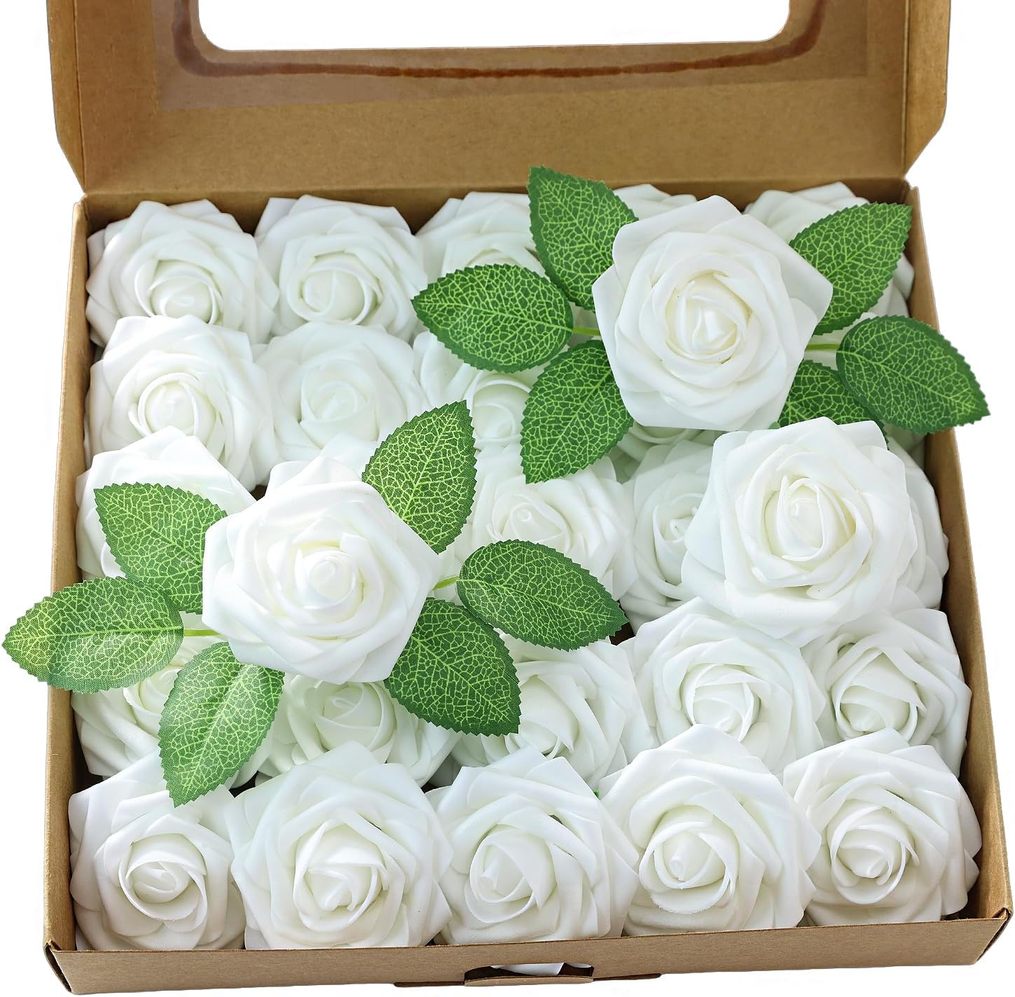 Meldel Artificial Flower 25pcs Real Touch Ivory Fake Foam Roses with Stems for DIY Wedding Bouquets Gifts White Bridal Shower Faux Floral Centerpieces Arrangements Home Party Tables Decorations