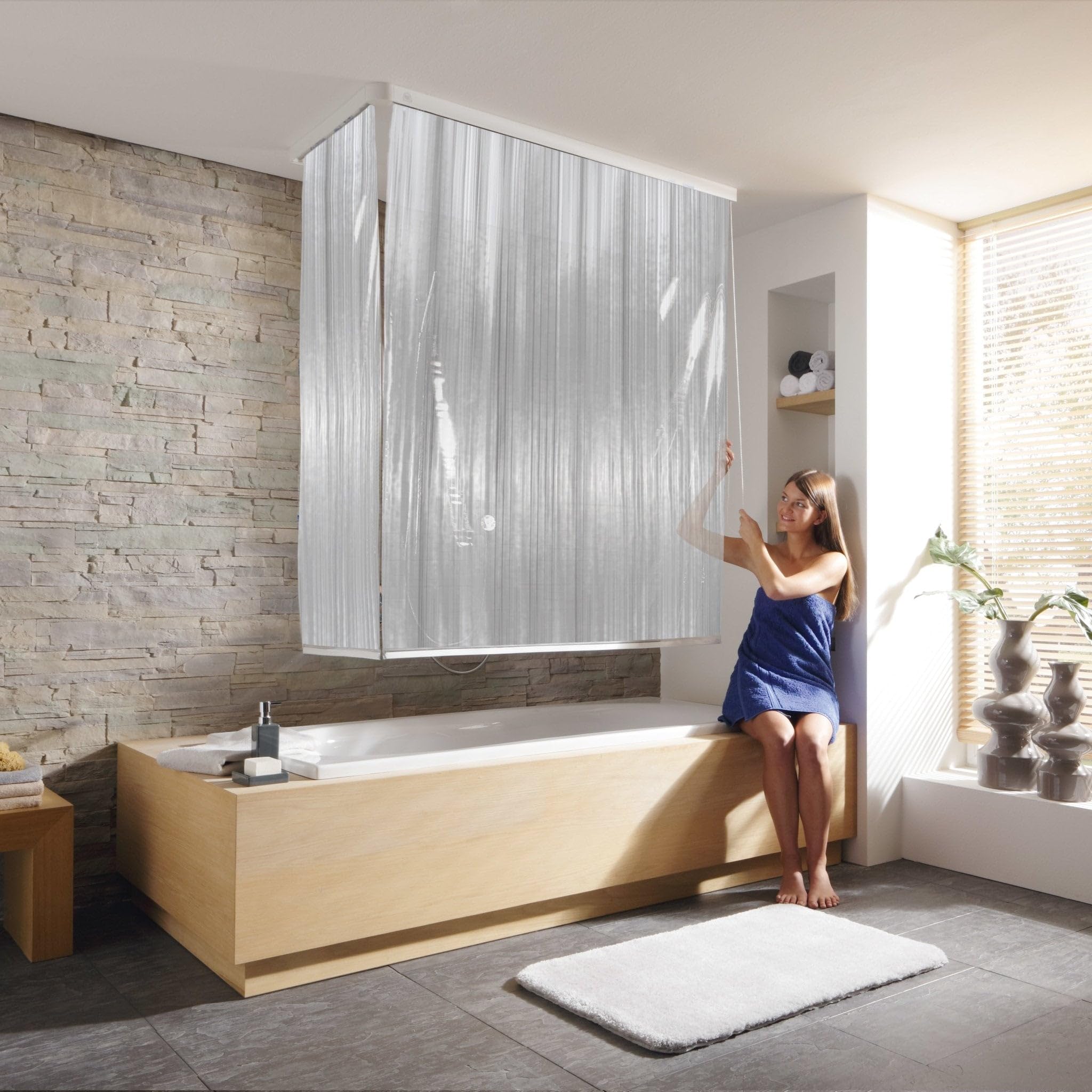 Kleine Wolke Eck-Duschrollo Komplettset, 138x62x240 cm, Milky | Ideal für in die Ecke verbaute Badewannen, Kordel und schmales Seitenteil links oder rechts montierbar