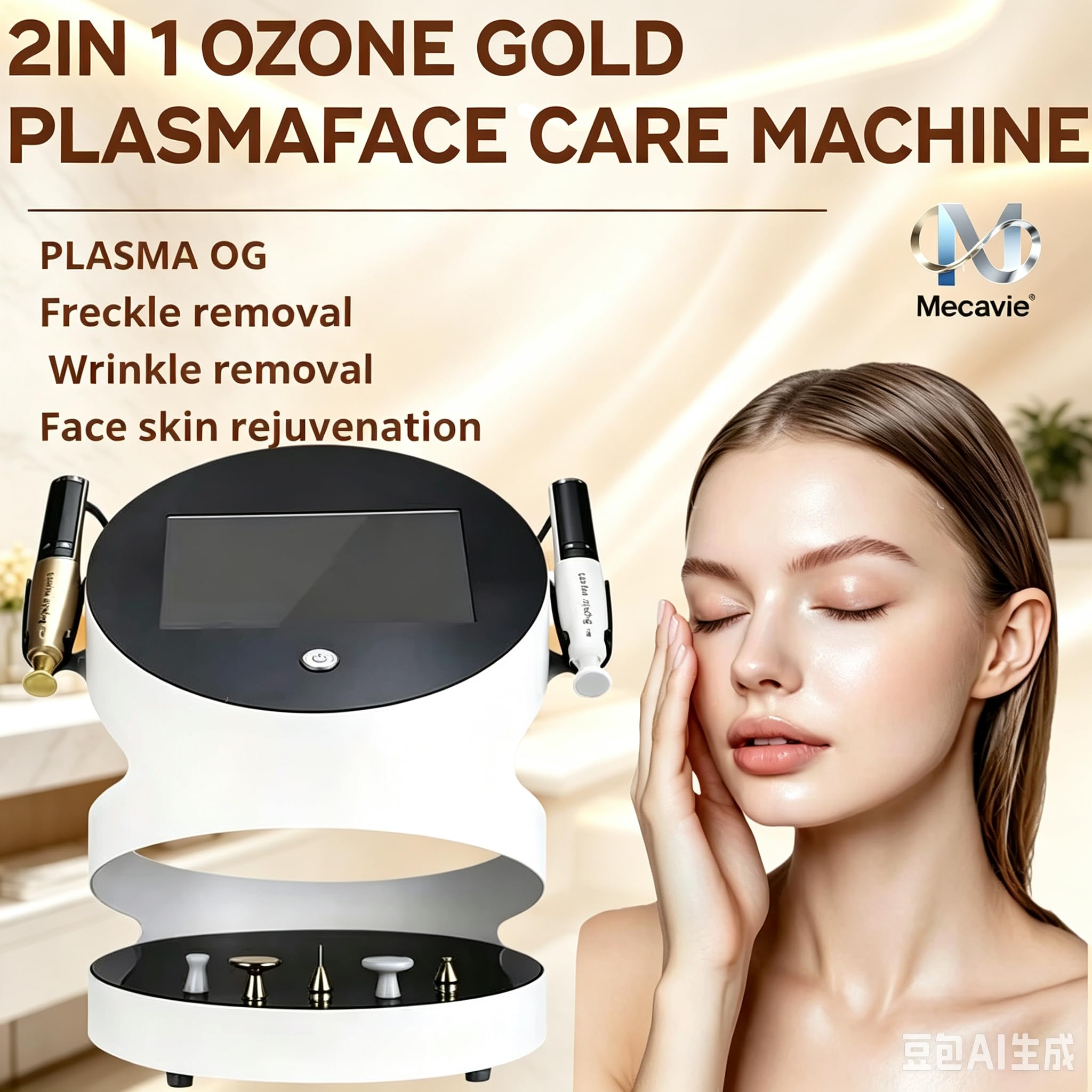Machine faciale à l'ozone plasma 2 en 1 - 7 sondes interchangeables pour raffermir la peau, enlever les pigments, réparation antibactérienne, double plasma doré et blanc, écran tactile, maison/salon