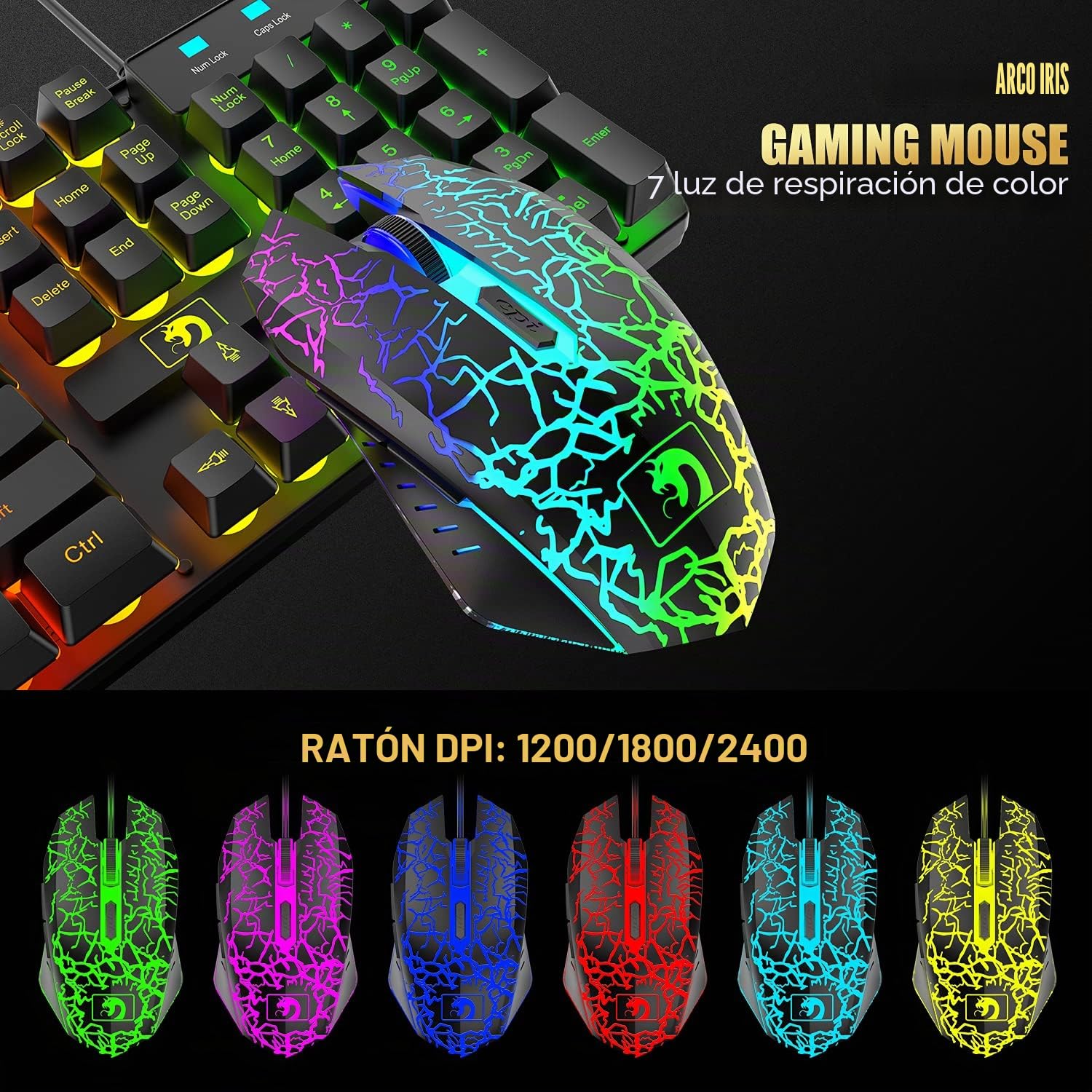 Diseño del Reino Unido Cableado 104 Teclas Teclado para Juegos Ratón Auriculares Altavoz Combo 5 en 1 con retroiluminación RGB múltiple Ratones de 2400 PPP Alfombrilla de ratón Grande para