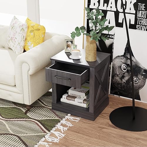 Miniatura 2 de COSTWAY Mesita de noche con cajón y estante de madera rústica mesita de noche dormitorio marrón negro