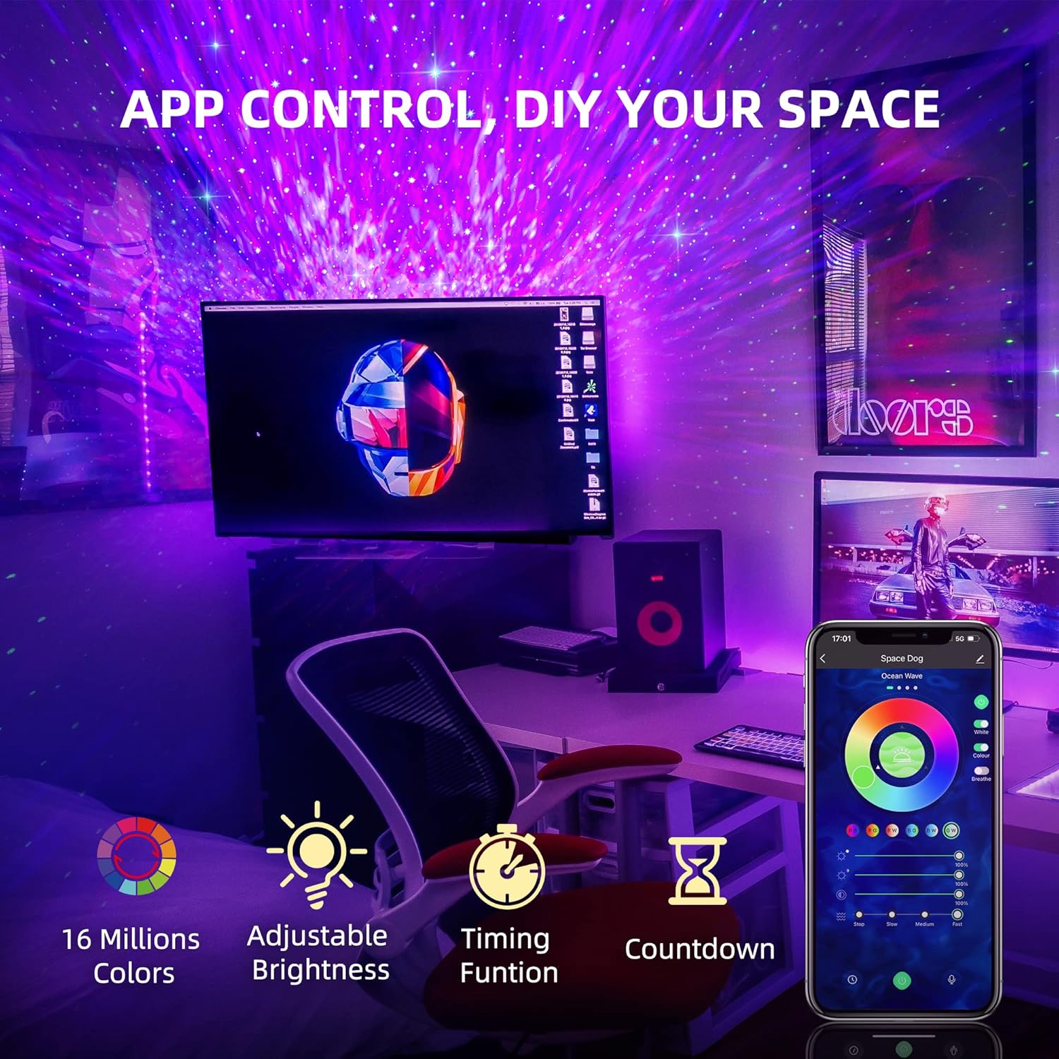 Star Projector Galaxy Light, Galaxy Projector for Bedroom, Night Light Projector with Bluetooth Music Speaker & White Noise, Space Dog Projector for Kids Room Decor, Theater, Gift, Party, Gaming Room