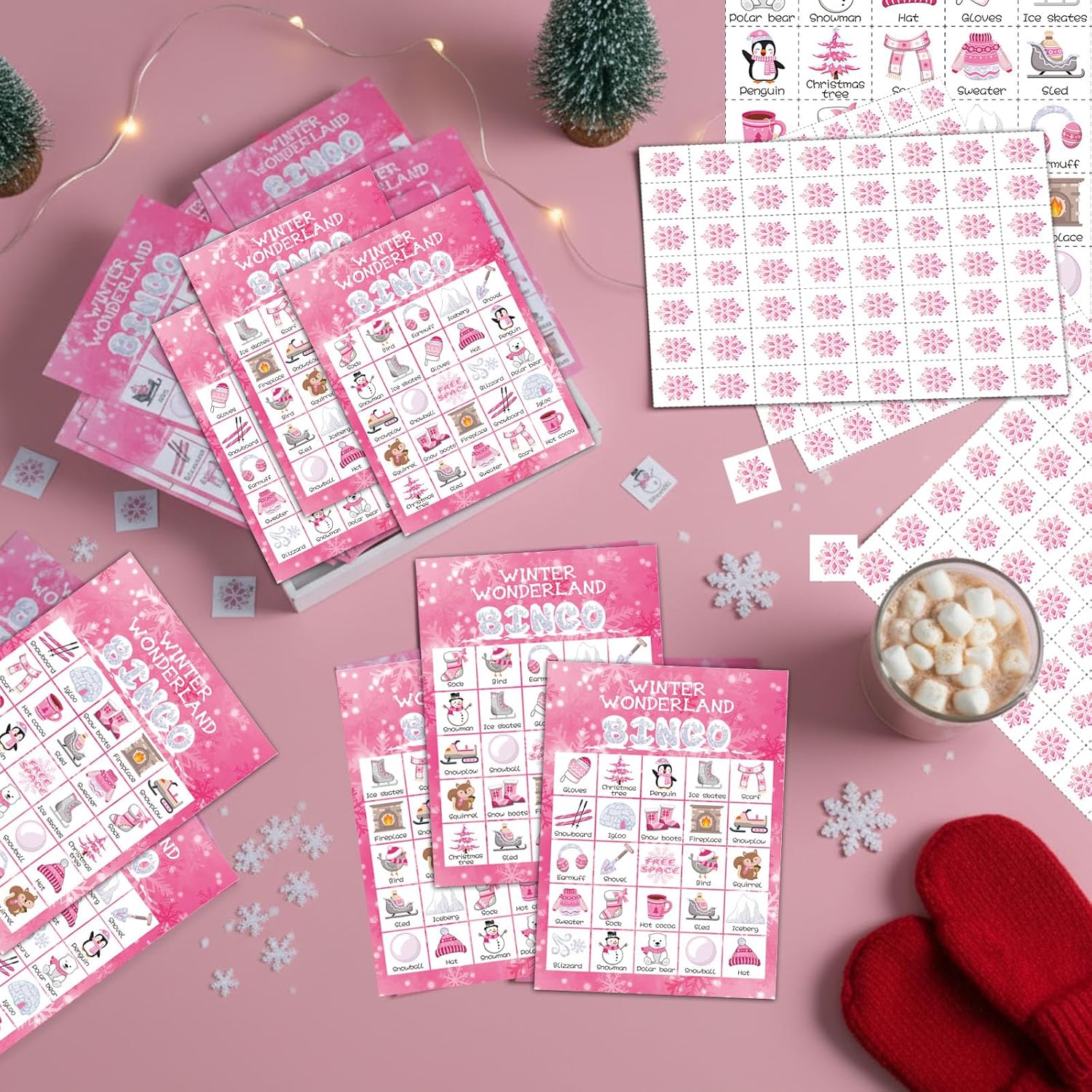 Liliful 35 Pcs Winter Bingo Games Christmas Bingo for Adult Boy Girl 24 Players Winter Card Set Christmas Party Games for Teens School Family Holiday Party Favor (Pink)