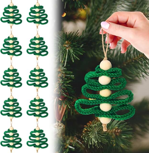 12 Pcs Rustic Wooden Christmas Tree Burlap Ornaments Boho Xmas Decor wit...