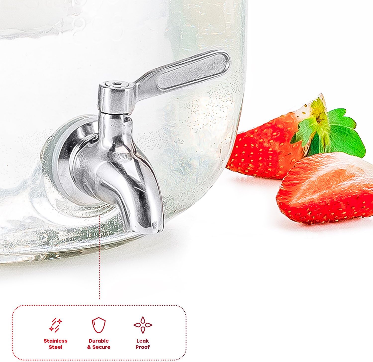 Close-up of the stainless steel spigot on the KooK Glass Drink Dispenser