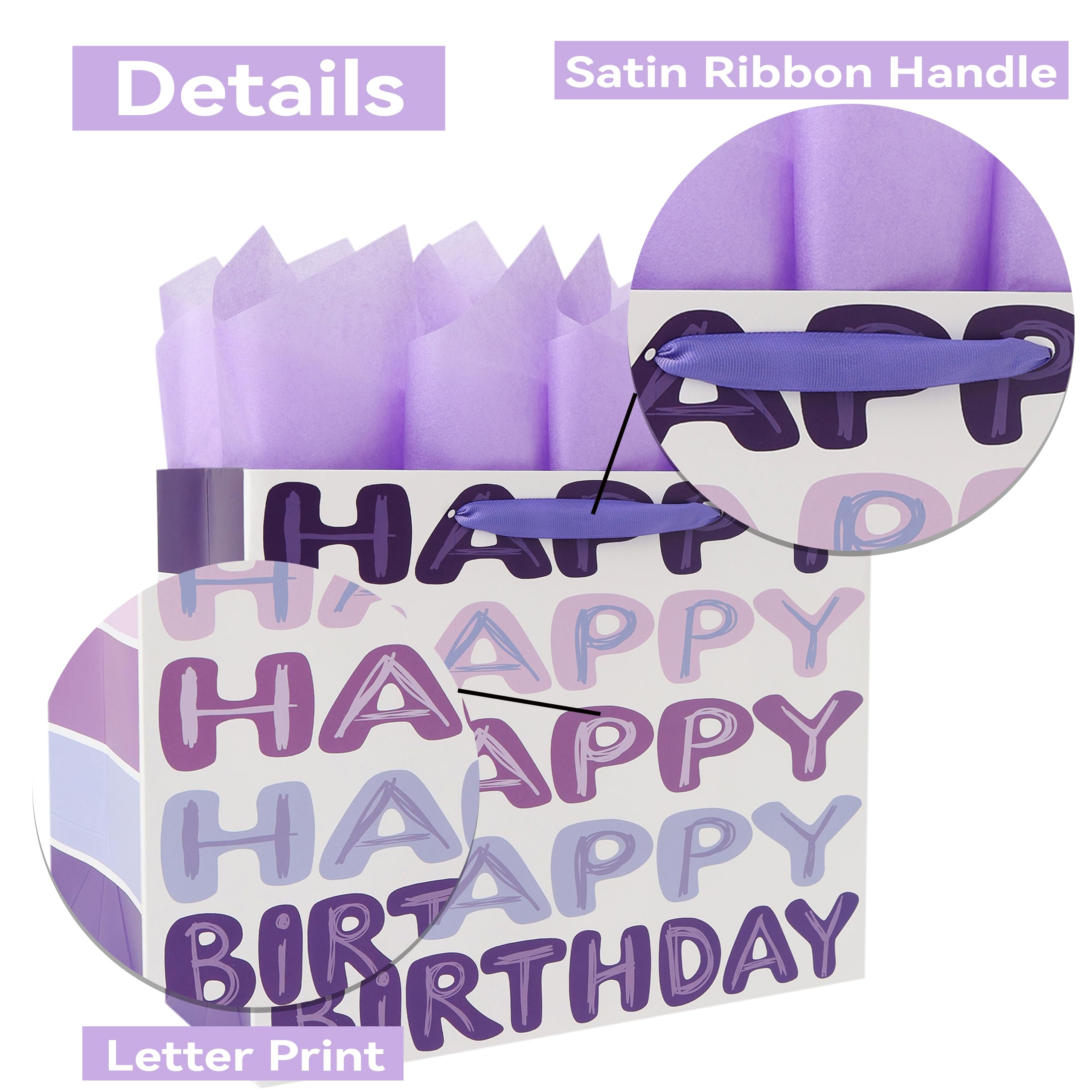 Qirrmiy 13'' Large Purple Happy Birthday Gift Bag Set with Handles, Greeting Card, Tissue Papers and Stickers for Women Girls Kids Teens, Words Design, 1 Pcs