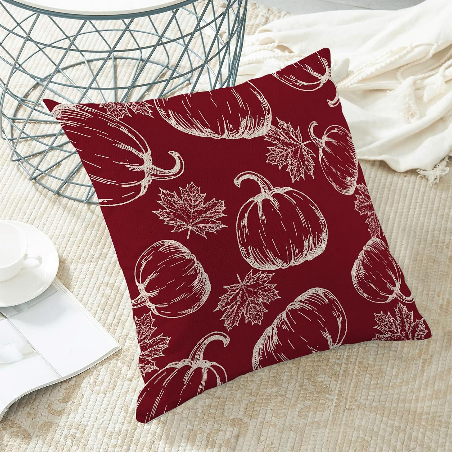 Fall Decor Red Pumpkin Maple Leaf Throw Pillow Covers 18x18 Set Of 2 image 5