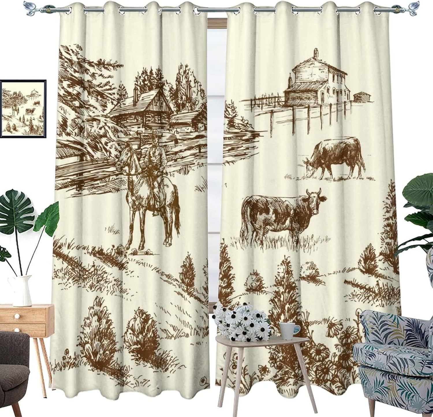 Farmhouse Western Cowboy Curtains - Vintage Country Wild West Cowboy Riding Horses Desert Window Drapes Room Darkening Blackout Curtains Thermal Insulated Grommet Curtains 2 Panels 63L x 36W