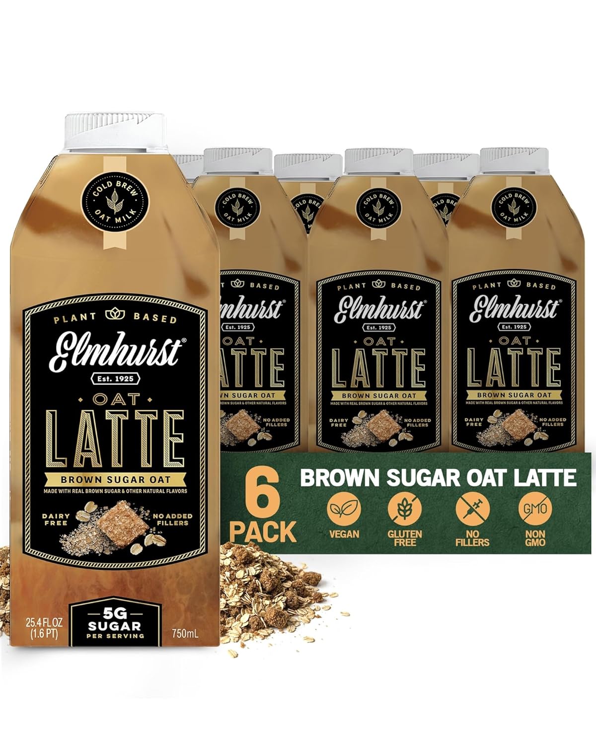 Elmhurst 1925 Brown Sugar Oat Milk Latte – Plant-Based, Vegan, Dairy-Free Latte Made of Whole Grain Oats, Cold Brew Premium Arabica with 95mg Caffeine & Real Brown Sugar – 25.4oz (Pack of 6)