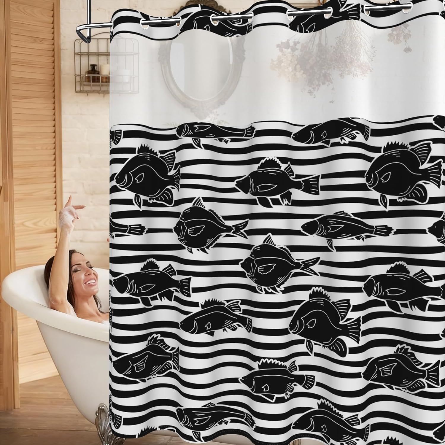 No Hook Shower Curtain for Bathroom, Waterproof Shower Curtain with Snap in Liner and Translucent Top Mesh Window, Black and White Fish Design Shower Curtain with Weighted Bottom Hem, 71x74 Inch
