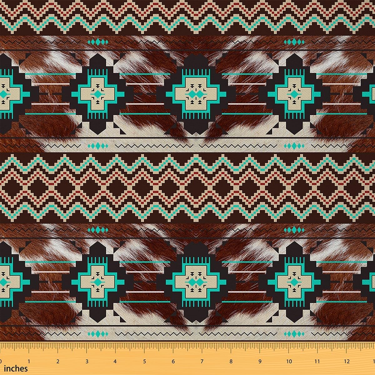 Ethnic Geometric Fabric by The Yard 3 Yard, Blue Brown Cowhide Tribal Print Upholstery Fabric for for Kids Southwestern Aztec Decorative Waterproof Outdoor Fabric Kids Bohemian Outdoor Fabric