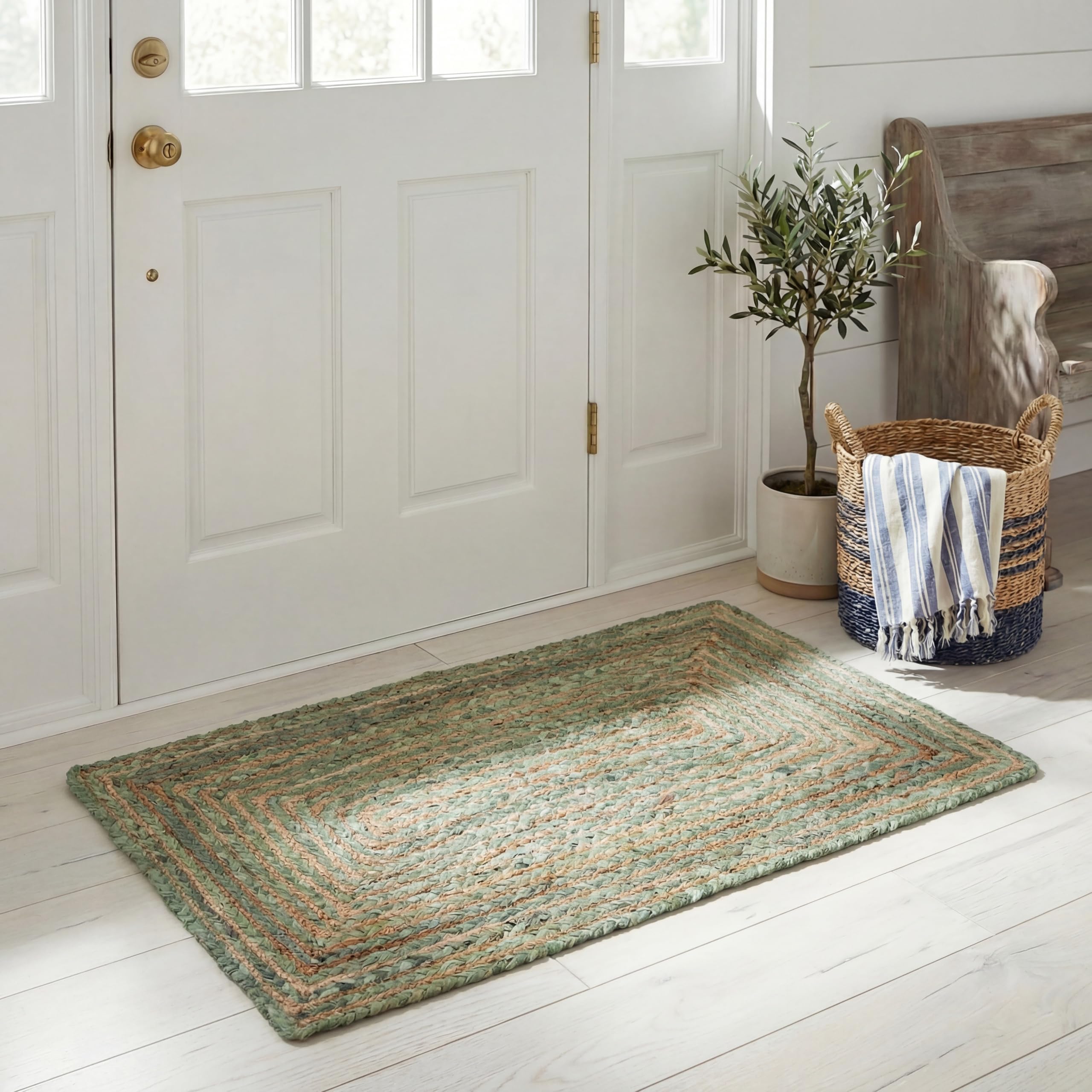 Area Rug 2x3 - Cape Cod Collection - Green & Natural Brown, Handmade Jute & Cotton, Woven Braided Design (CAP202Y)