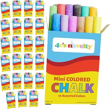 4Es Novelty 288 Mini Chalk Sets 24 Boxes Kids 12 Colors Thin Sticks Blackboard or Non-Toxic Sidewalk Chalk Party Favors Bulk Individual Packs, Easter Basket Stuffers End of Year Student Gifts Toys