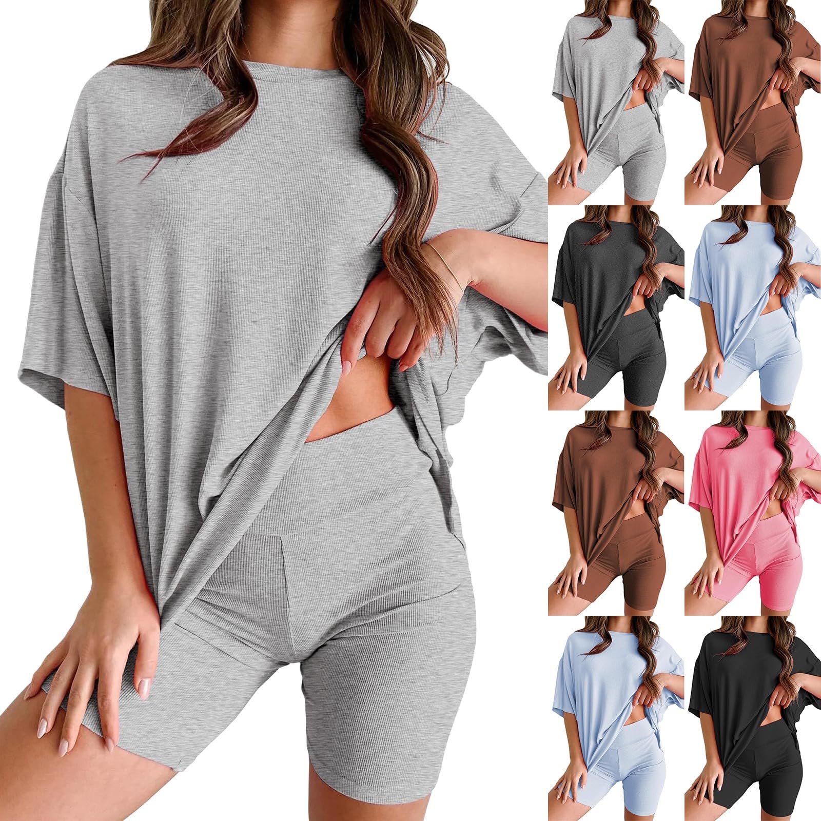 Womens Loungewear Sets 2 Piece Outfits Short Sleeve Oversized Shirt and Biker Shorts Set Loose Lounge Set Pajamas