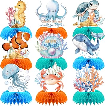 9Pcs Under the Sea Honeycomb Centerpieces - Ocean Creatures Table Decorations with Seahorse Octopus Whale for Birthday Party