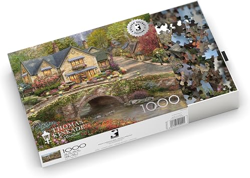 Buffalo Games Thomas Kinkade Summer in Cobblestone Village 1000 Piece Puzzle Silver Select Premium Jigsaw Puzzle with Foil Accents & Reference Poster