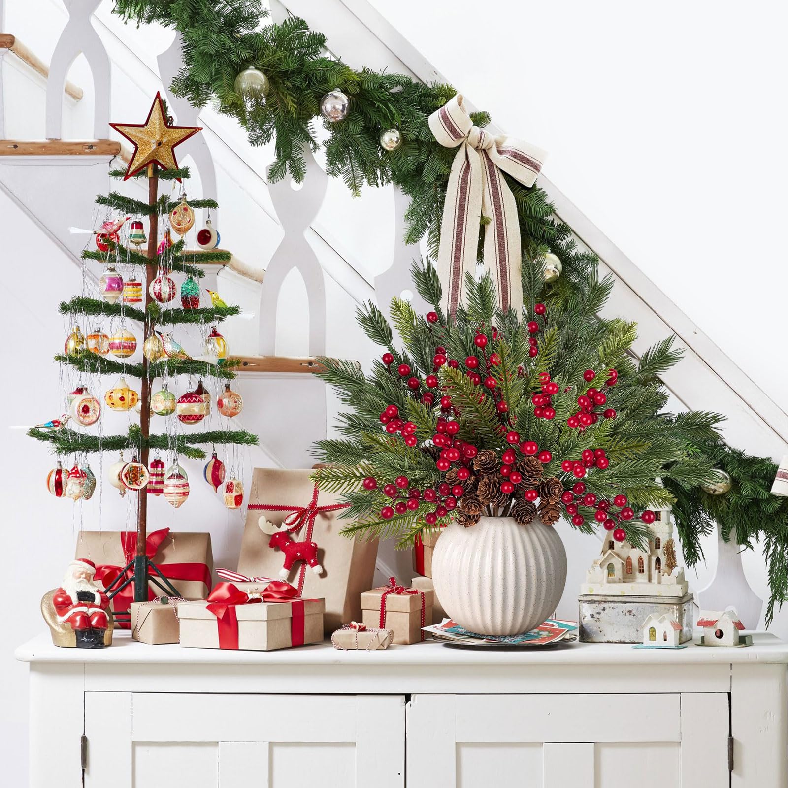 ICX Künstliche Tannenzweige mit Beeren, künstlicher Weihnachtsstiel, 10