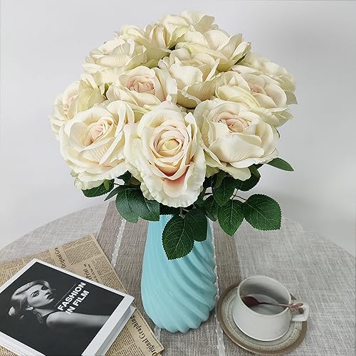 Miniatura 13 de ATFL 12 rosas artificiales de seda con flores de color rosa, rosas artificiales a granel, diámetro floral de 4 pulgadas, rosa artificial de seda