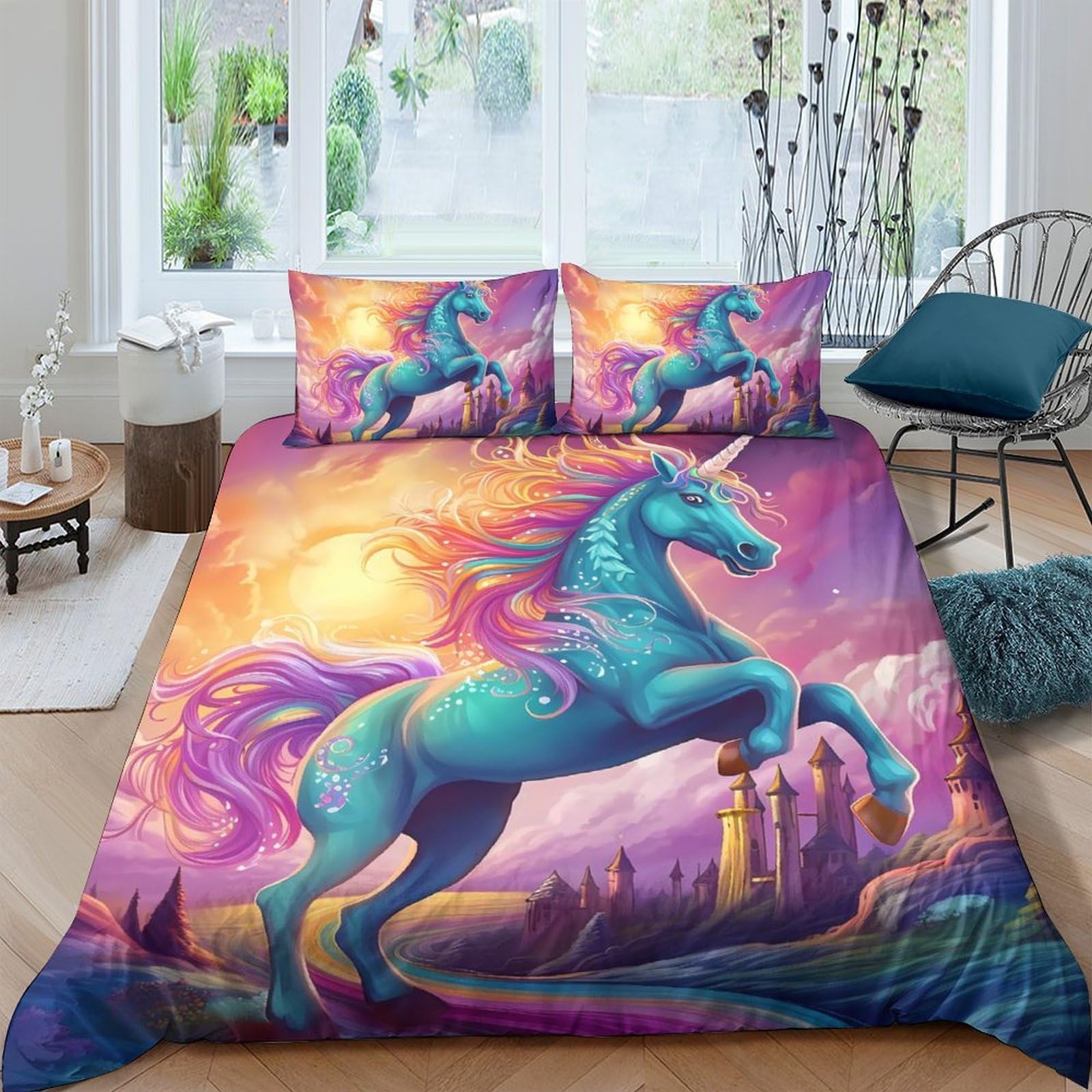 Ctjqhvkz Style-10 3D Printed Fantasy Unicorn Fitted Sheet Microfiber Soft Durable Sunset Castle Mattress Cover For Bedroom Dorm Decoration Single（135X200cm）