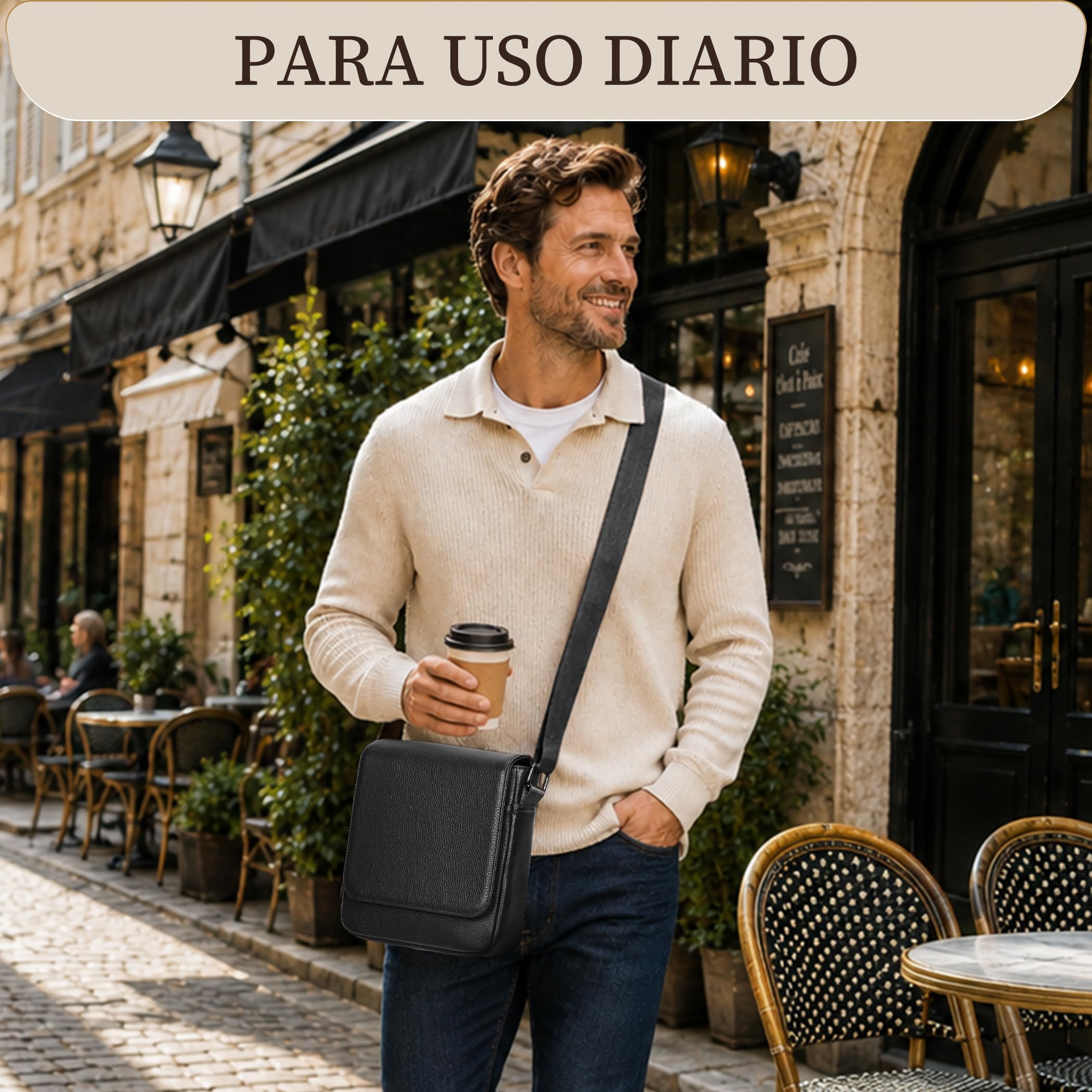 Eshow Bandoleras de Cuero Genuino con Bloqueo RFID para Hombre | Bolso Antirrobo para Trabajo Universidad Negocio Viajes y Desplazamientos Urbanos
