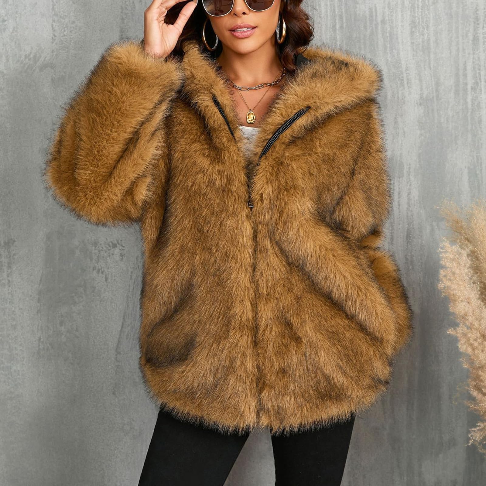 Donna Cappotto in Pelliccia Sintetica Elegante Giacca Maniche Lungo Giubbotto Invernale Parka con Cerniera e Cappuccio