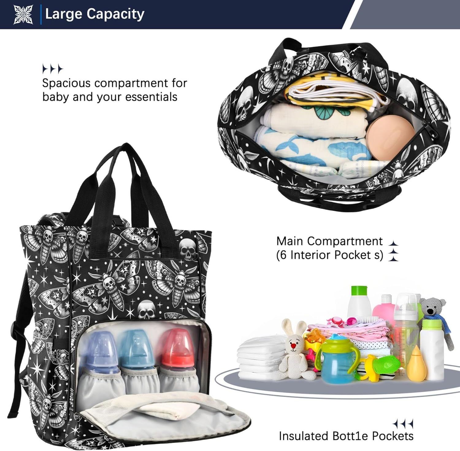 MNSRUU Diaper Bag Digital Skull Head Moth Large Capacity Changing Backpack Multifunction Travel Tote Nappy Bag Baby Diaper Backpack for Mom Dad