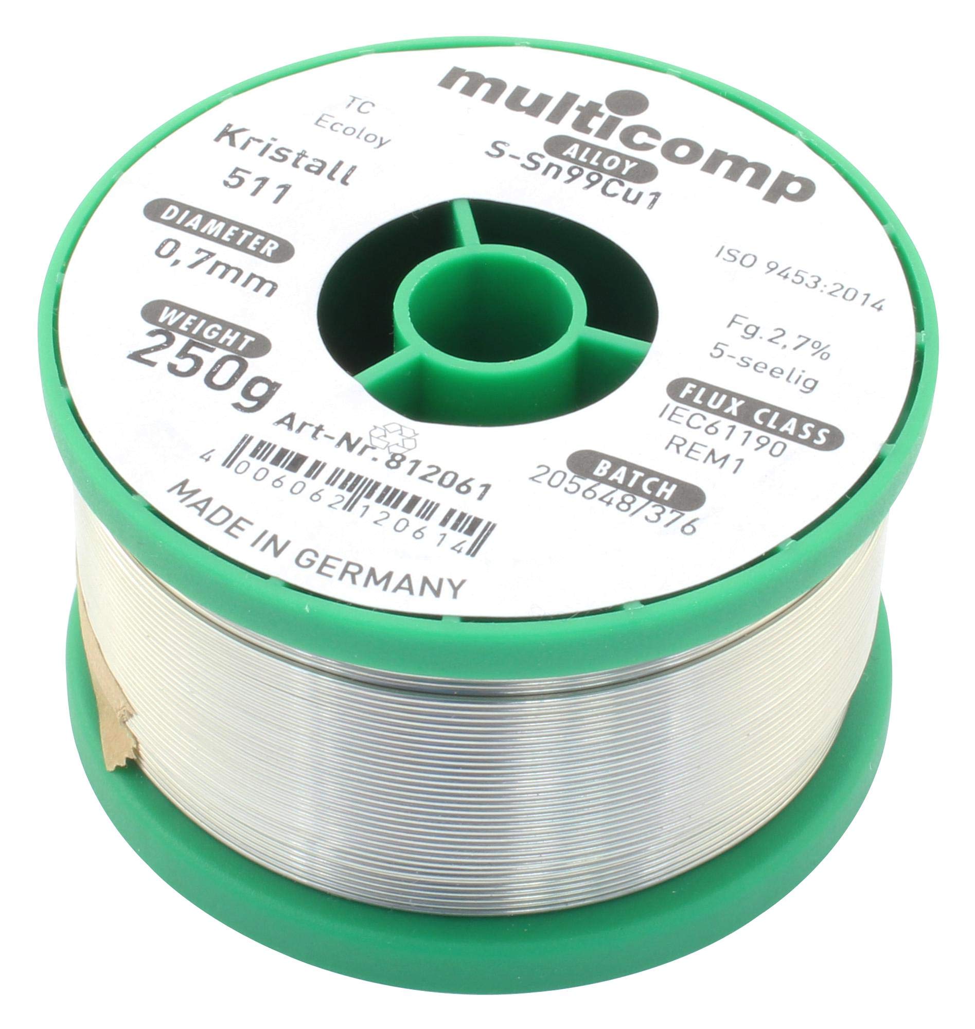 MULTICOMP PRO Lead-Free Solder Wire, 0.7mm, 250g - 99.3% Tin, 0.7% Copper, No-Clean Rosin Flux, 227°C Melting Point