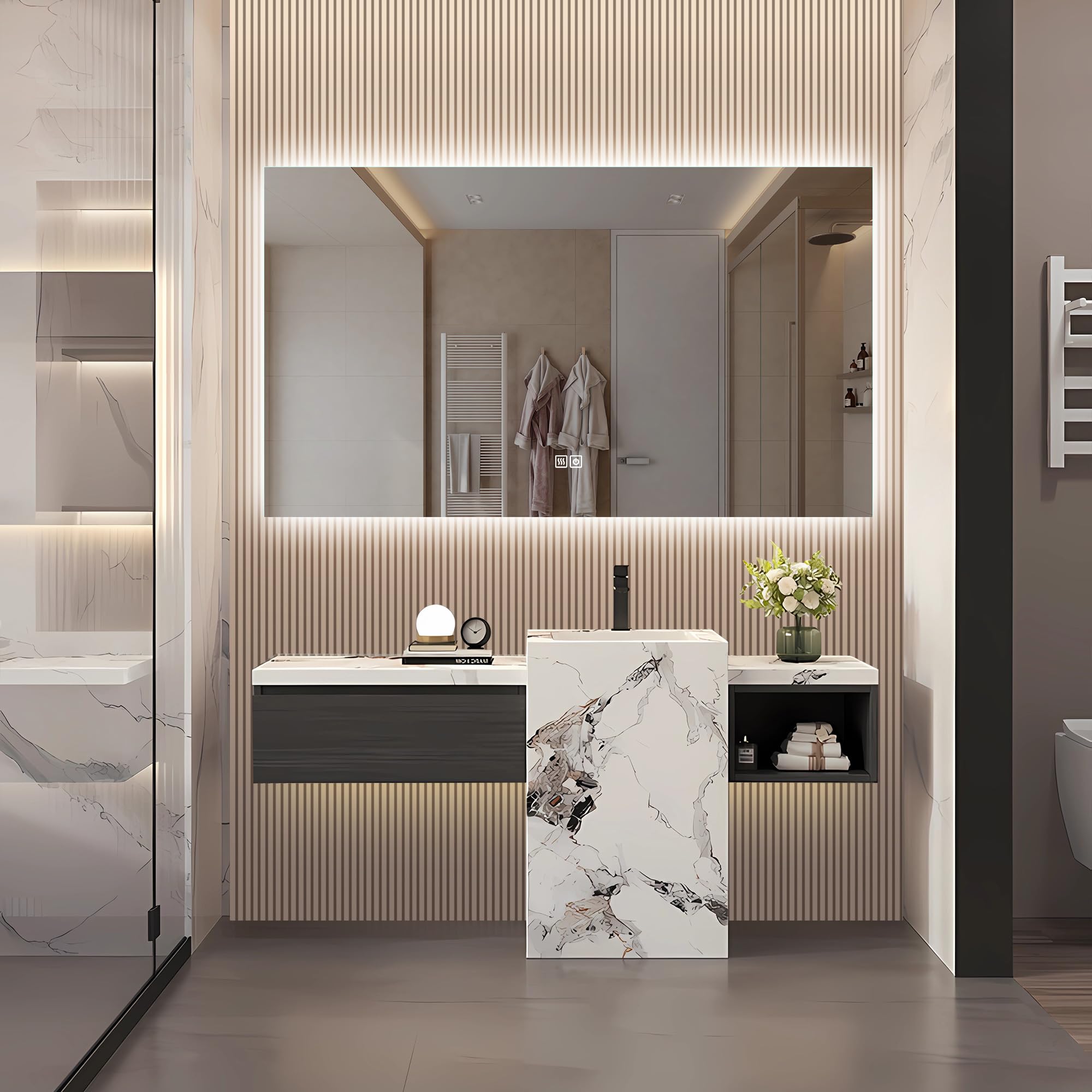 DIYHOM Espejo de baño con iluminación LED, rectangular, 80 x 140 cm, espejo de baño con antivaho y 3 brillo ajustable, espejo de pared con luz para baño