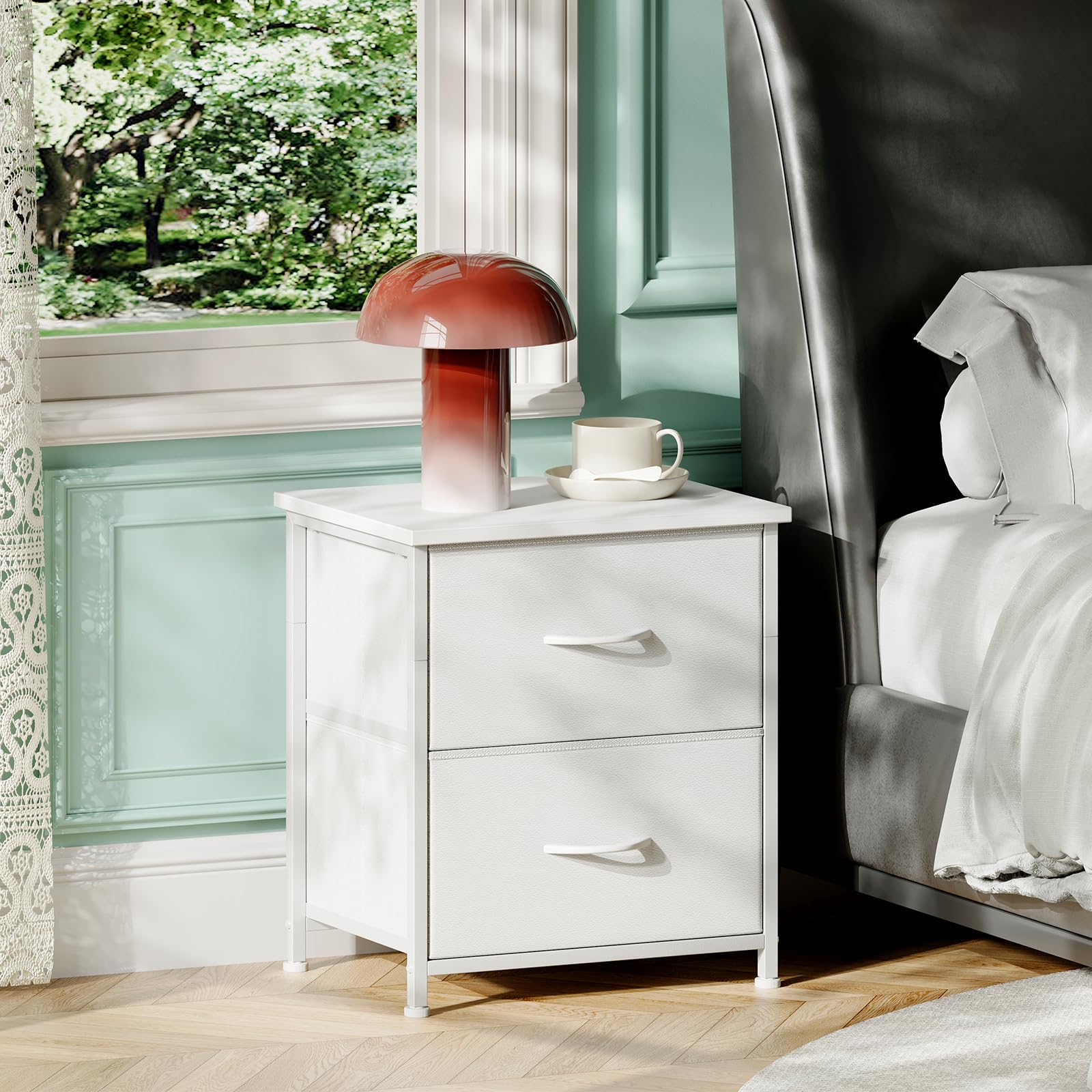 Somdot Nachtkastje met 2 Stoffen Lades, bijzettafel, ladekast voor slaapkamer, woonkamer, kinderkamer, set van 2, Houtnervoorstelling, 30D x 42B x 50H (2 laden