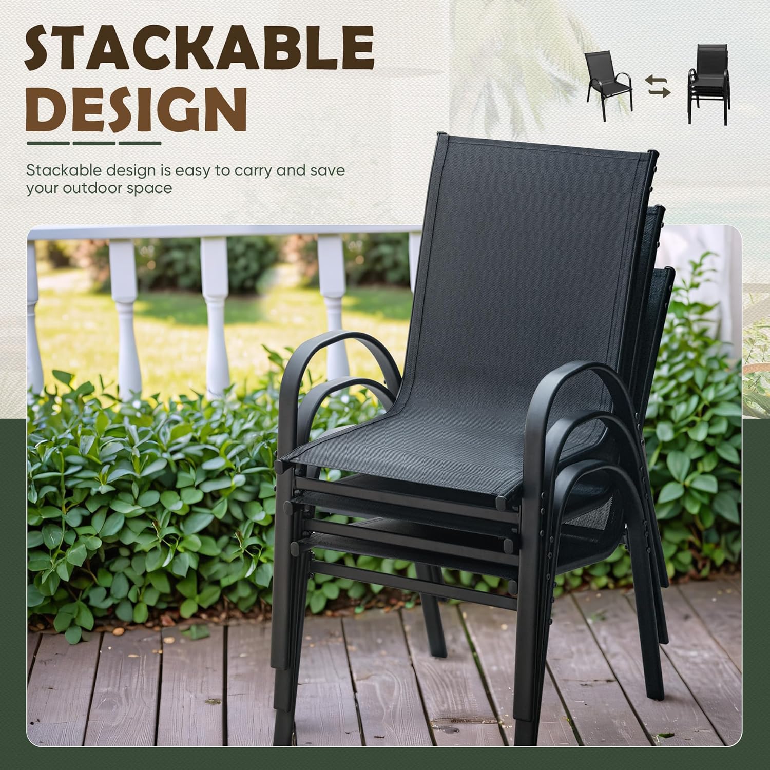 Flamaker Patio Chairs Stackable Dining Chairs Set of 4 Metal and Teslin Outdoor Chairs for Lawn Deck Porch Balcony (Black)